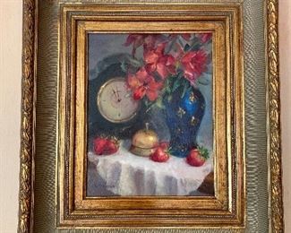"Still Life with clock" signed S. Meacier