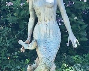 Life-size metal mermaid fountain with wonderful patina (about 4 feet tall)