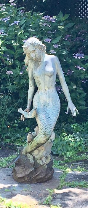 Life-size metal mermaid fountain with wonderful patina (about 4 feet tall)