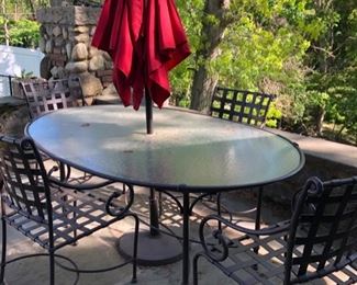 Iron & glass patio set & bar cart
