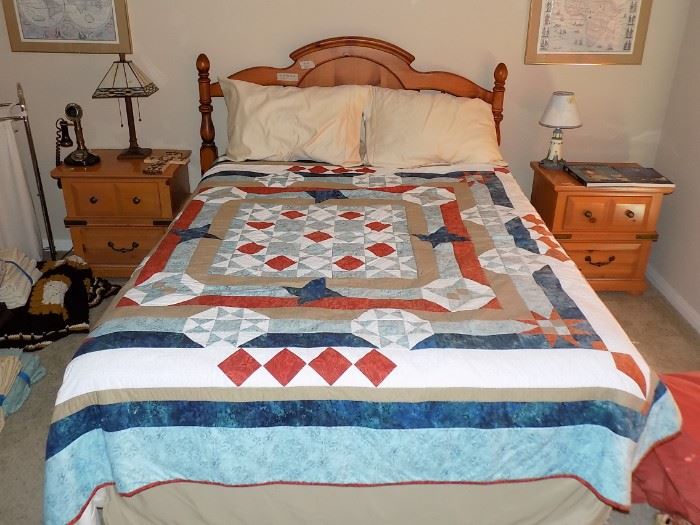 Queen Bed with Matching Nightstands, Handmade Quilt and more Bedding Available