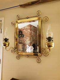 Made in England. Brass Mirror with two Kerosene Lanters