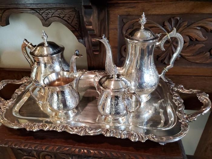 Stunning Corbell and Company coffee set with cream and sugar on a Rogers plate tray