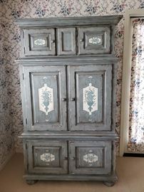 Love this. Liz Claiborne French style distressed blue armoire. Repurpose to hold all your linens.  Has cabinets at top and bottom.