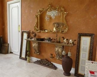 Giltwood mirror, wall mount console, picture frames, accessories