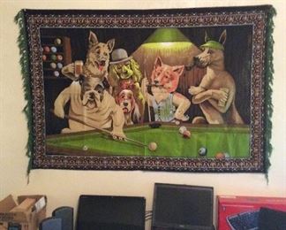 Vintage Dogs Playing Pool tapestry, made in Turkey.