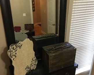 Large mirror can be hung vertical or horizontal, nice rustic storage box bulletin board on easel.