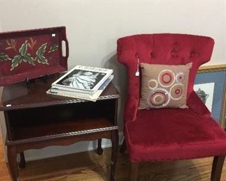 Modern, red side chair, small table.