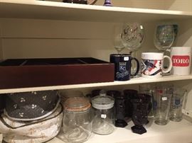 Miscellaneous glasses, cups and kitchen items.
