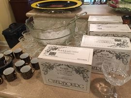 Champagne glasses, new in box! Glass punch bowl service set.