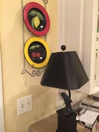 Another set of fruit plates, cute parrot lamp.