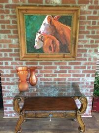 Matching glass top table for foyer, behind sofa. Original painting by Boots Barnett from Arkansas.