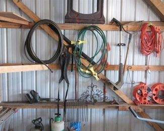 Sprayers with Harnesses, set of saw horses, 10" Craftsman 3-6 Amp Weed Wacker, Electrical cords and wheels, B&D Hedge Trimmer, Hoses, 