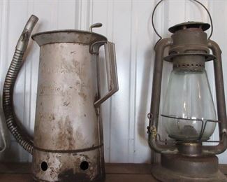 Brookins 1 Gallon Service Station Oil Can and Antique CT Ham No 2 Kerosene Tube Lantern