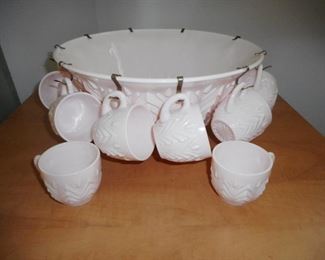 Vintage Jeanette Pastel Milk Glass Pink Punch Bowl with Cups 