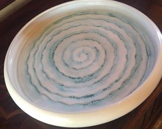 White stoneware platter aqua swirl by local artist JJ Savage