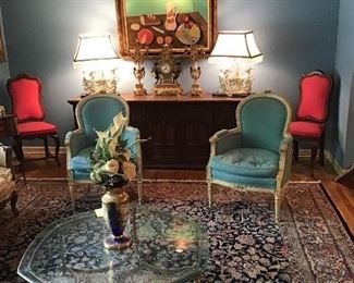 Sarouk design handmade wool 9’x12’ carpet, pair of French style bergere chairs, carved cabinet, French style bronze and marble clock set