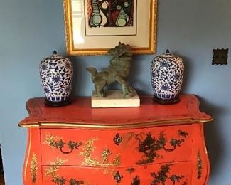 French style red chinoiserie bombe chest, pair of Chinese jars, Picasso giclee