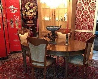 French style dining table, four inlaid chairs, Neoclassic style breakfront French style crystal and bronze chandelier