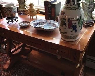Fine Beidermeier style leather top writing desk with brass lyre base, large Chinese vase, pair of Chinese enamel vases