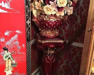 Italian red quilted pottery jardiniere and base with rhinestones