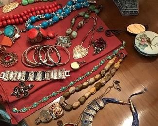 Costume jewelry, includes Chinese coral bead necklace with silver pendant