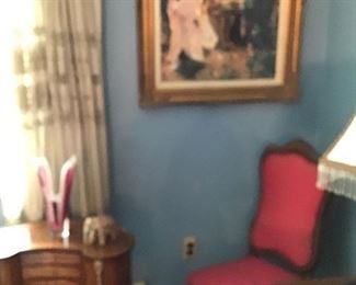 French style kidney shape stand, one of a pair of chairs, Renoir print