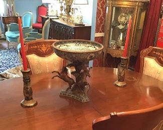 Bronze and blue and white porcelain large compost with horse base