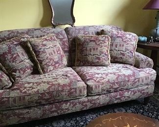 Drexel Heritage tapestry sofa, inlaid cocktail table, Sarouk carpet