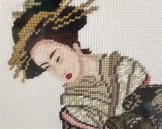 Geisha girl stitched, framed wall hanging (one of two)