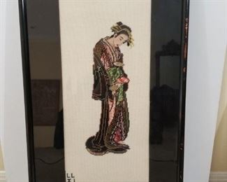 Geisha girl stitched, framed wall hanging (two of two)