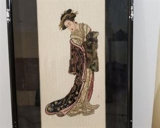 Geisha girl stitched, framed wall hanging (one of two)