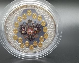 Cook Islands Romanov Dynasty Commemorative coin, 1kg Silver (.999), 2013, 120mm in diameter, "proof quality", Face value $100, 400 pieces minted, still in seal although seal appears to have cracked because there is a small amount of tarnish around the edges