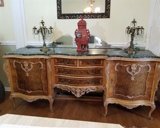 Victorian style green marble-topped buffet - has mirrored pieces included but not assembled (tops of mirrors in back of photo) -right rear leg needs repair but still stands 