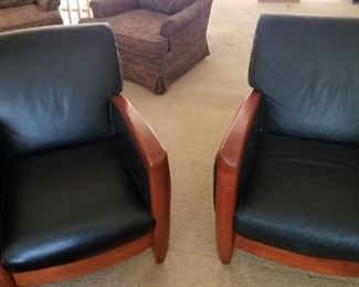 Matching wood/black leather armchairs