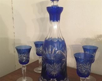 Beautiful cobalt blue cut to clear liqueur set