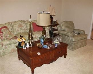 Ethan Allen: swivel rocker (pair), coffee table and two end tables