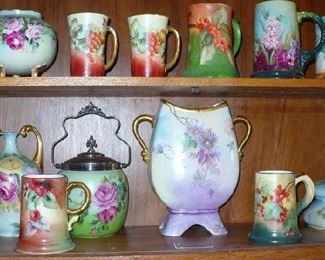 BEAUTIFUL HAND PAINTED BISQUET JAR, VASES AND CUPS 