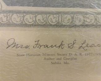 Certificate for the History of the Daughters of Missouri book