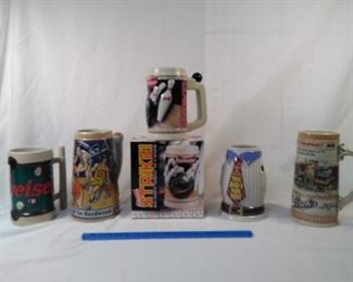 lot of 5 Budweiser and Strohs collector steins. including a bowling, basketball and salute to Dad     https://ctbids.com/#!/description/share/152098