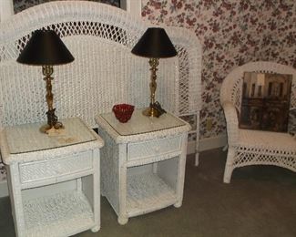 King size wicker headboard, chair, and pr. of side tables