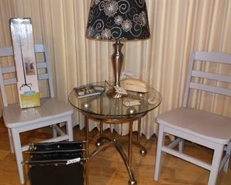 Chrome glass top table and wooden chairs