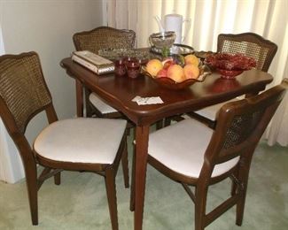 Wooden card table and folding chairs w/cane backs