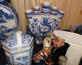 Blue & white Chinese finger vase and covered jar