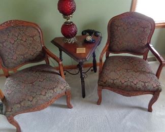 Carved Arm Chairs with Tapestry Upholstery, Never Used in Wife's Show off Living Room  