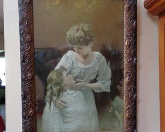 Fancy Carved tree Bark and Vines Framed Mother and Child Litho from the 1880"s