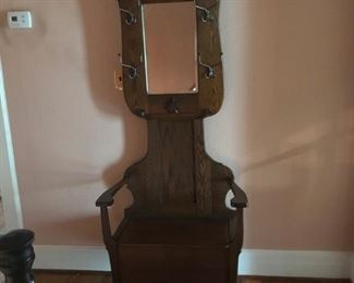 Oak hall seat & hat rack