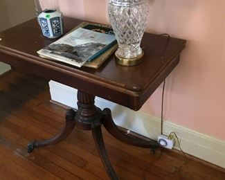 Waterford lamp, Duncan Phyfe style swivel game table.