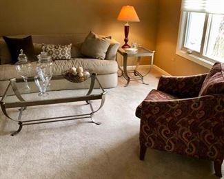 Bernhardt Sofa and Ethan Allen Upholstered chairs, cute coffee and end table and lamps