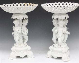LOT #5005 - PAIR OF 19TH C. BISQUE FIGURAL COMPOTES, 16" H